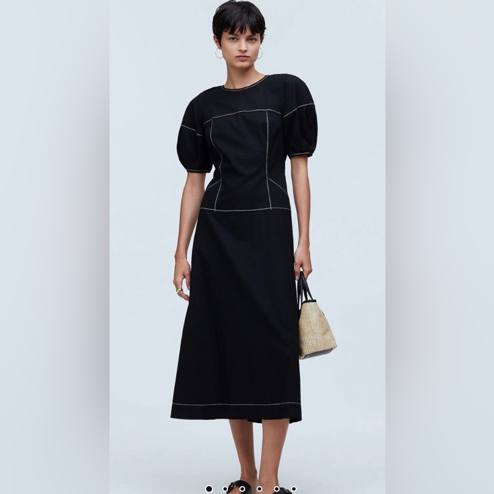 NWT - Madewell Contrasting-Stitch Puff-Sleeve Drop-Waist Dress Size 12
